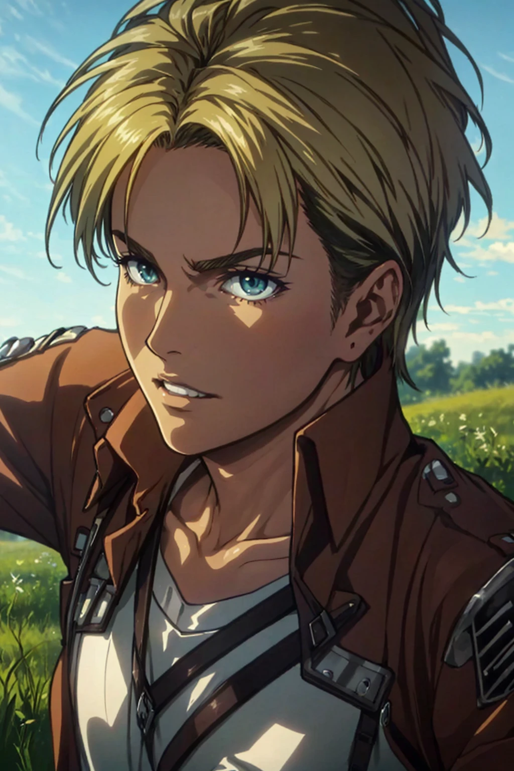 1girl,  solo,  Nanaba,  Attack on Titan,  blue eyes,  wore standard Survey Corps uniform with a light-colored v-neck underneath,  (blond hair) short light hair,  petite build,  beautiful,  handsome,  charming,  alluring,  gentle expression,  soft expression,  calm,  smile (standing),  (upper body in frame),  simple background,  green plains,  sky,  dawn light,  cinematic light,  perfect anatomy,  perfect proportions,  8k,  HQ,  HD,  UHD,  (best quality:1.5,  hyperrealistic:1.5,  photorealistic:1.4,  madly detailed CG unity 8k wallpaper:1.5,  masterpiece:1.3,  madly detailed photo:1.2),  (hyper-realistic lifelike texture:1.4,  realistic eyes:1.2),  picture-perfect face,  perfect eye pupil,  detailed eyes,  dynamic,  dutch angle,  (sode view),  AttackonTitan,<lora:EMS-269932-EMS:0.600000>,<lora:EMS-498-EMS:0.200000>