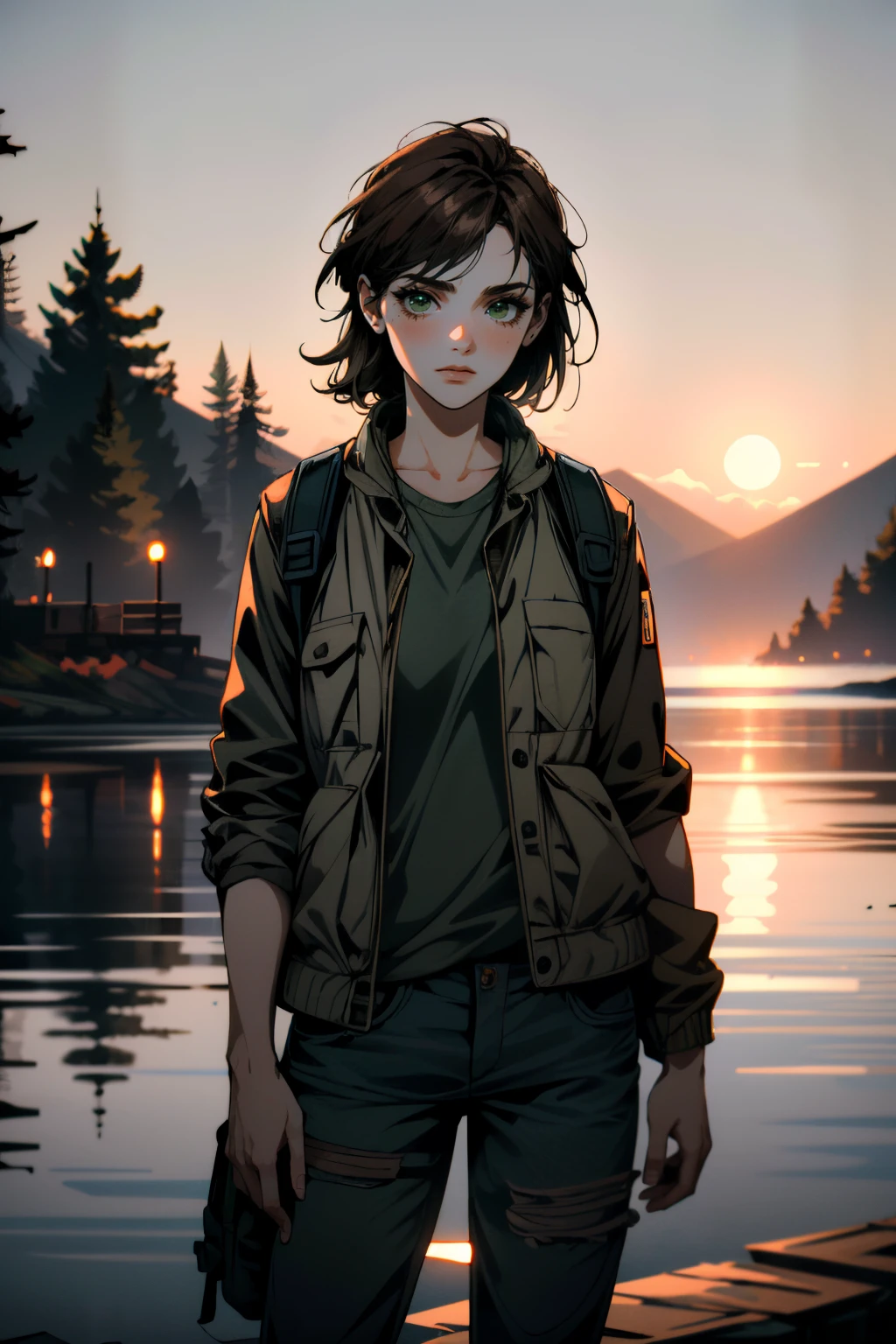 ((ultra detailed, masterpiece, absurdres))
<lora:TLOU2Ellie:0.8>
TLOU2Ellie, 1girl, solo, brown hair, green eyes, in front of Secluded Lakeside Pier with Reflections at Dusk