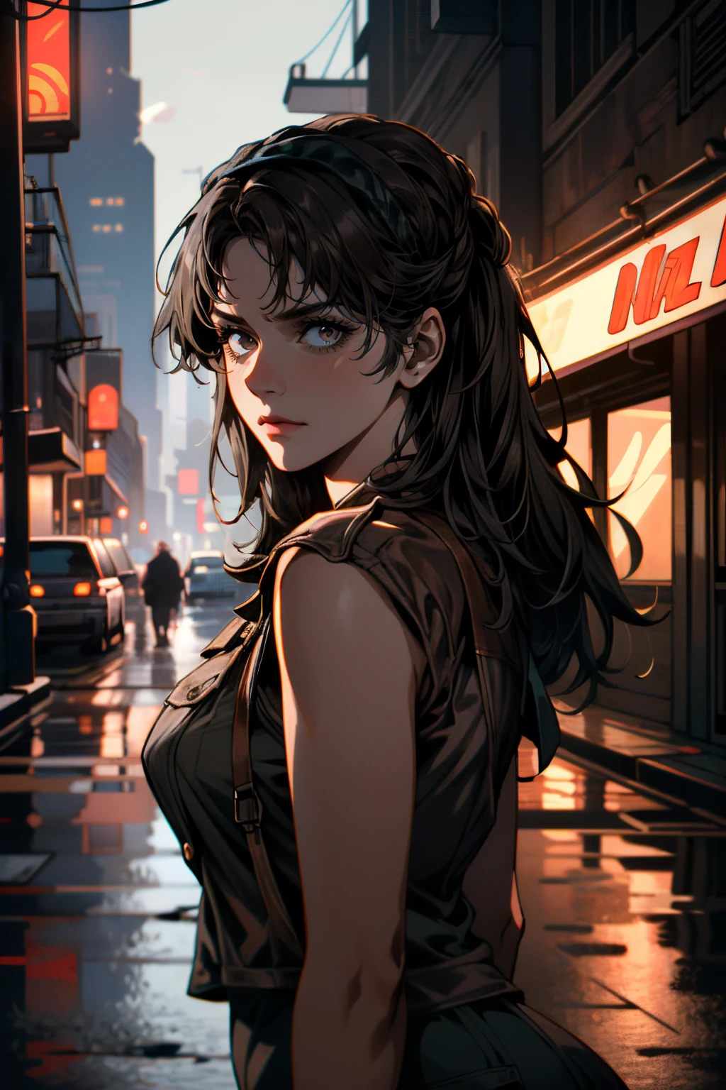 massive hair black hair yellow eyes pale skin large breasts muscular girl sad girl neon signs nighttime