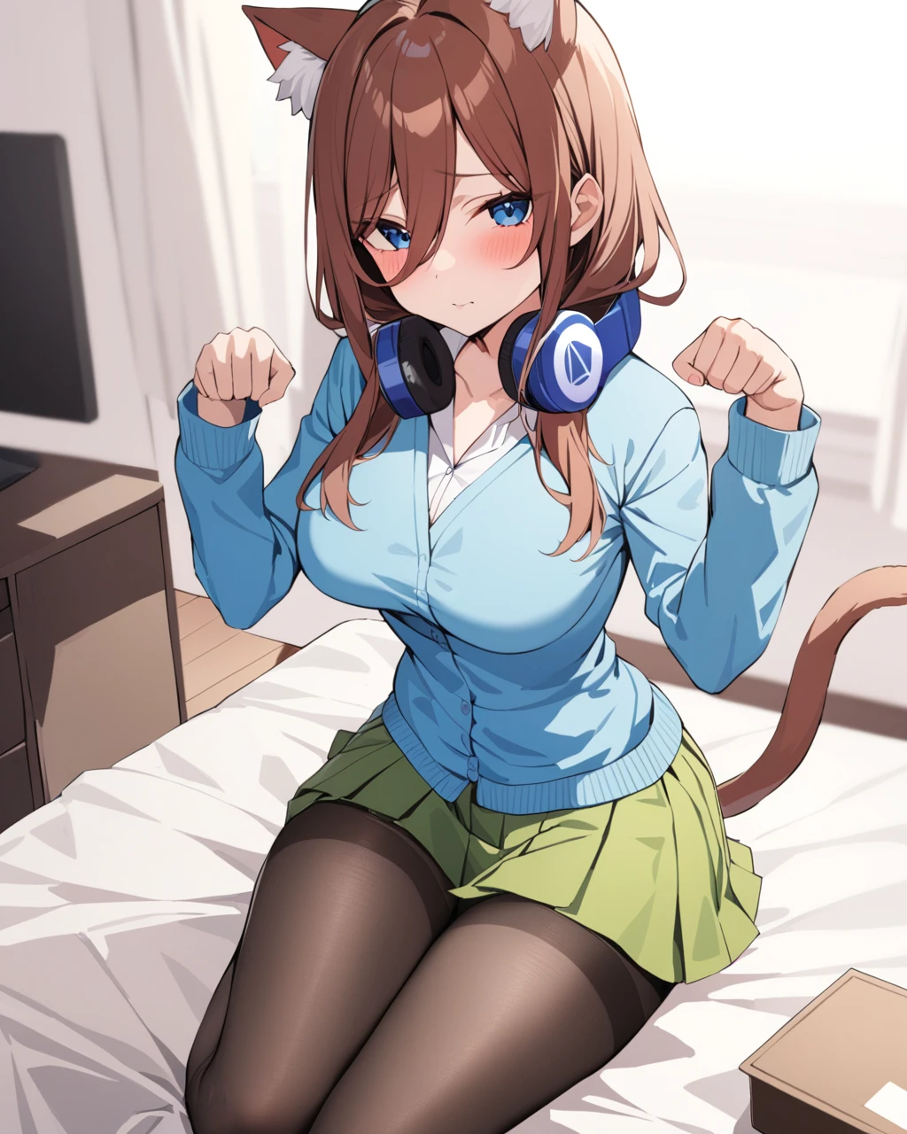 masterpiece, best qualityï¼ <lora:sanjiu2:1>ï¼1girl, nakano miku, solo, green skirt, headphones around neck, cat ears, looking at viewer, blush, sitting, closed mouth, no shoes, white shirt, long sleeves, cat tail, animal ear fluff, blue cardigan, pleated skirt, black pantyhose, paw pose, kemonomimi mode, thighband pantyhose, cat girl