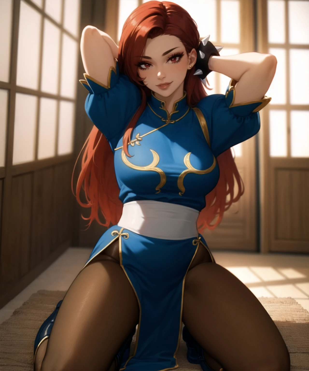 (masterpiece, best quality, ultra detailed, intricate details:1.2), (8k, 4k, beautiful detailed background, beautiful detailed eyes, perfect face, nose, eyelashes), perfect female body, (lips), (cowboy shot, looking at viewer, full body, indoors),  smile, kneeling, 
chun-li_(cosplay), cosplay, 1girl, red hair, red eyes, spiked bracelet, sash, brown pantyhose, china dress, chinese clothes, blue dress, mandarin collar, short sleeves, side slit, pelvic curtain, puffy sleeves, boots, cross-laced footwear,
 <lora:chun-li_(cosplay):1>