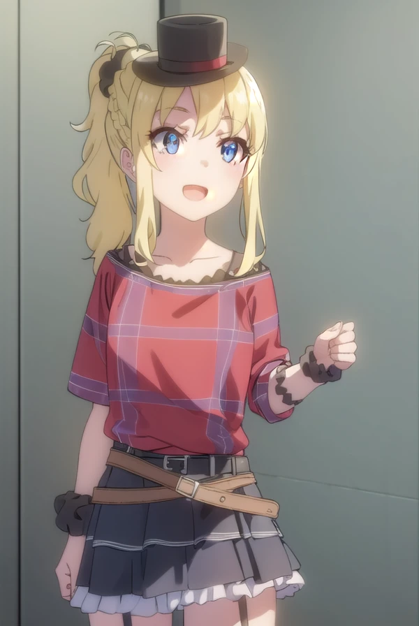 nodokatoyohama, <lora:nodoka toyohama s1-lora-nochekaiser:1>, 
nodoka toyohama, bangs, blue eyes, blonde hair, hair ornament, sidelocks, side ponytail, scrunchie, hair scrunchie, blue scrunchie, braid, smile, open mouth,
BREAK skirt, shirt, thighhighs, hat, jewelry, belt, black thighhighs, bracelet, garter straps, mini hat, top hat, layered skirt, idol, mini top hat, (red shirt:1.2), collarbone,
BREAK indoors, concert,
BREAK looking at viewer, (cowboy shot:1.5),
BREAK <lyco:GoodHands-beta2:1>, (masterpiece:1.2), best quality, high resolution, unity 8k wallpaper, (illustration:0.8), (beautiful detailed eyes:1.6), extremely detailed face, perfect lighting, extremely detailed CG, (perfect hands, perfect anatomy),