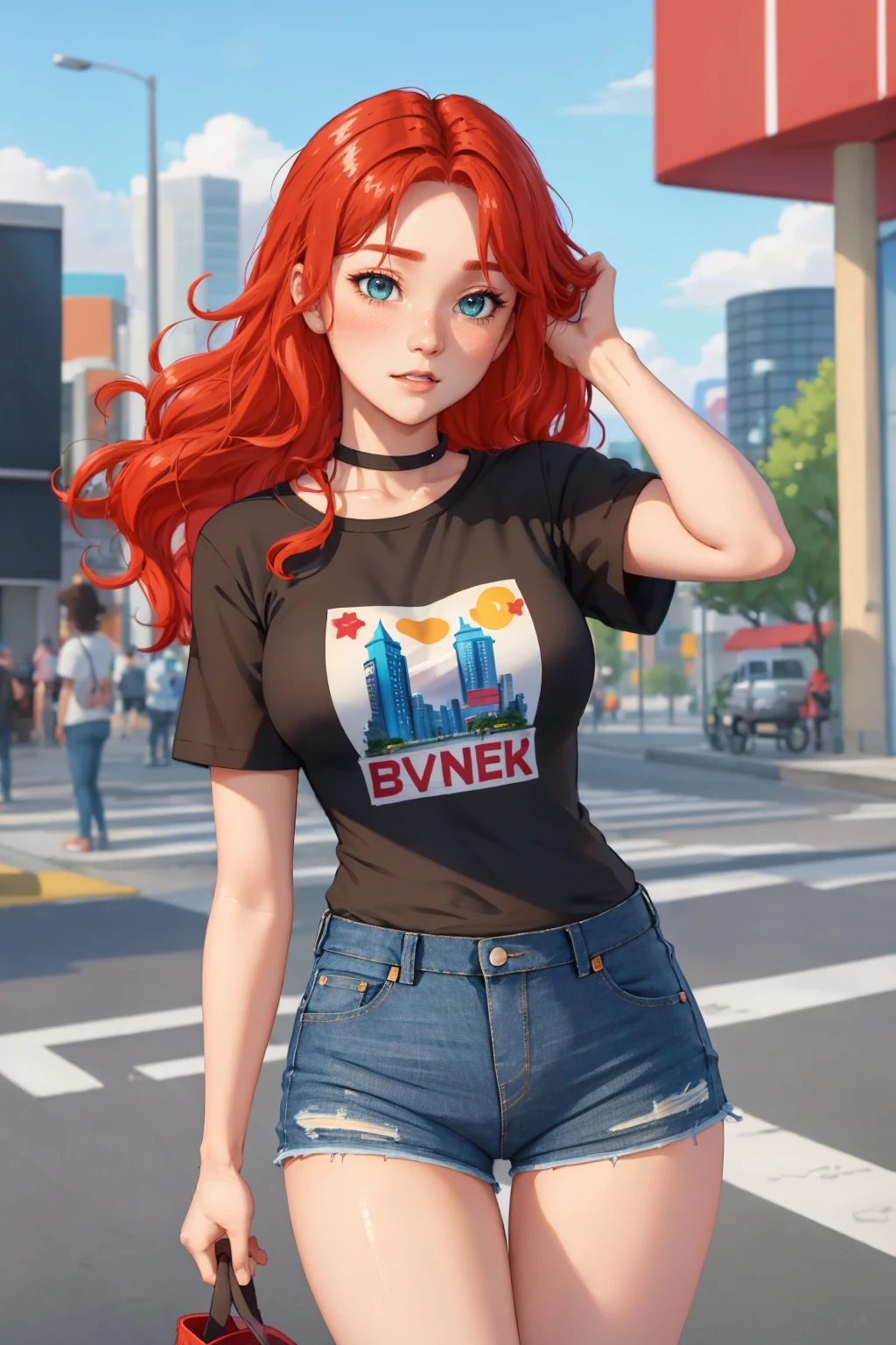 ultra detailed, sharp focus, best quality, masterpiece, colorful, <lora:NSGingerPortia:1> NSGingerPortia, 1girl, black t-shirt, denim shorts, best quality, city background