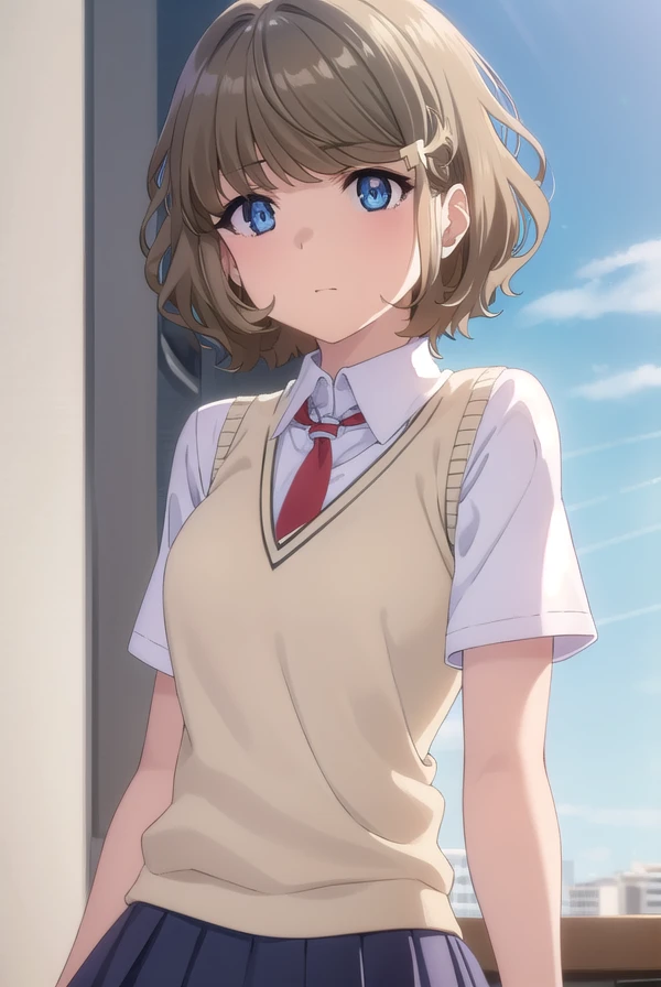 tomoekoga, <lora:tomoe koga s1-lora-nochekaiser:1>,
tomoe koga, short hair, brown hair, blue eyes, hair clip,
BREAK skirt, shirt, school uniform, white shirt, short sleeves, pleated skirt, necktie, collared shirt, red necktie, sweater vest,
BREAK indoors, classroom,
BREAK looking at viewer, (cowboy shot:1.5),
BREAK <lyco:GoodHands-beta2:1>, (masterpiece:1.2), best quality, high resolution, unity 8k wallpaper, (illustration:0.8), (beautiful detailed eyes:1.6), extremely detailed face, perfect lighting, extremely detailed CG, (perfect hands, perfect anatomy),