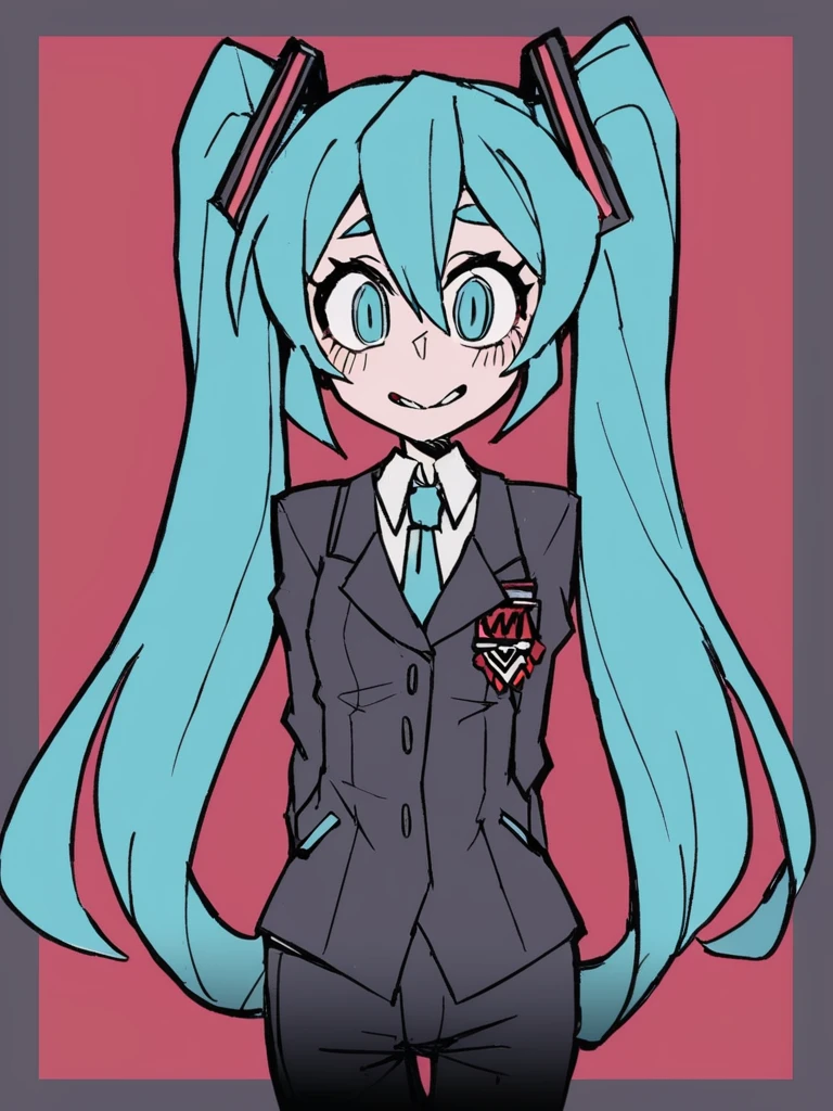 <lora:xl_Helltaker2:1>,Helltaker style,1girl,hatsune miku,, masterpiece, best quality,