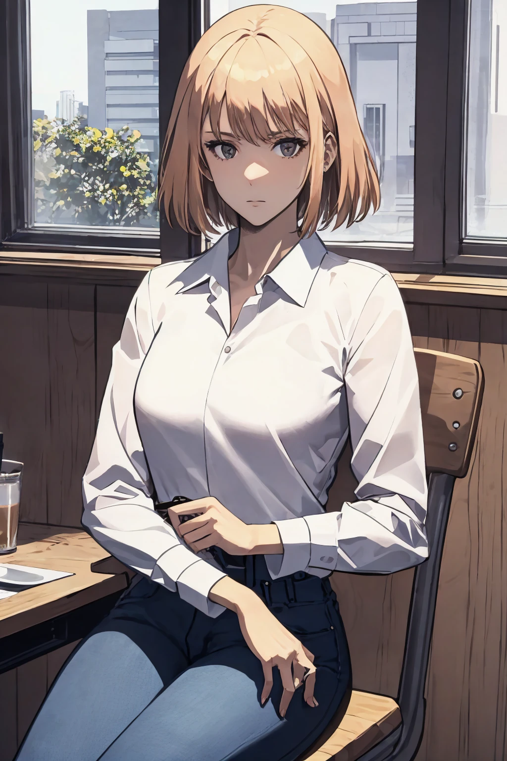 solo, 1girl, cha hae-in, expressionless, looking at viewer, sitting, chair, white shirt, collared shirt, long sleeves, jeans, indoors <lora:sololeveling_chahae-in-13:1>