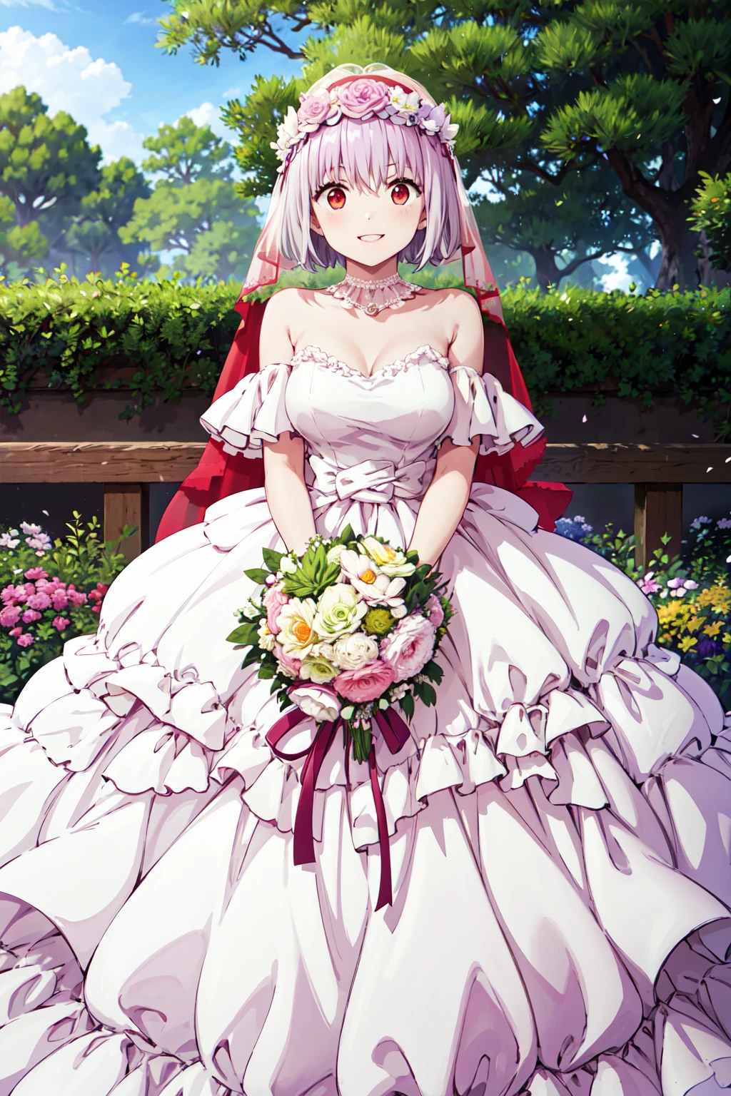 masterpiece,best quality,highres,ultra-detailed,aaakane,short hair,large breasts,<lora:shinjou_akane:0.9>,(wedding dress:1.2),white dress,(veil:1.2),garden,smile,outdoors,standing,cowboy shot,holding bouquet,