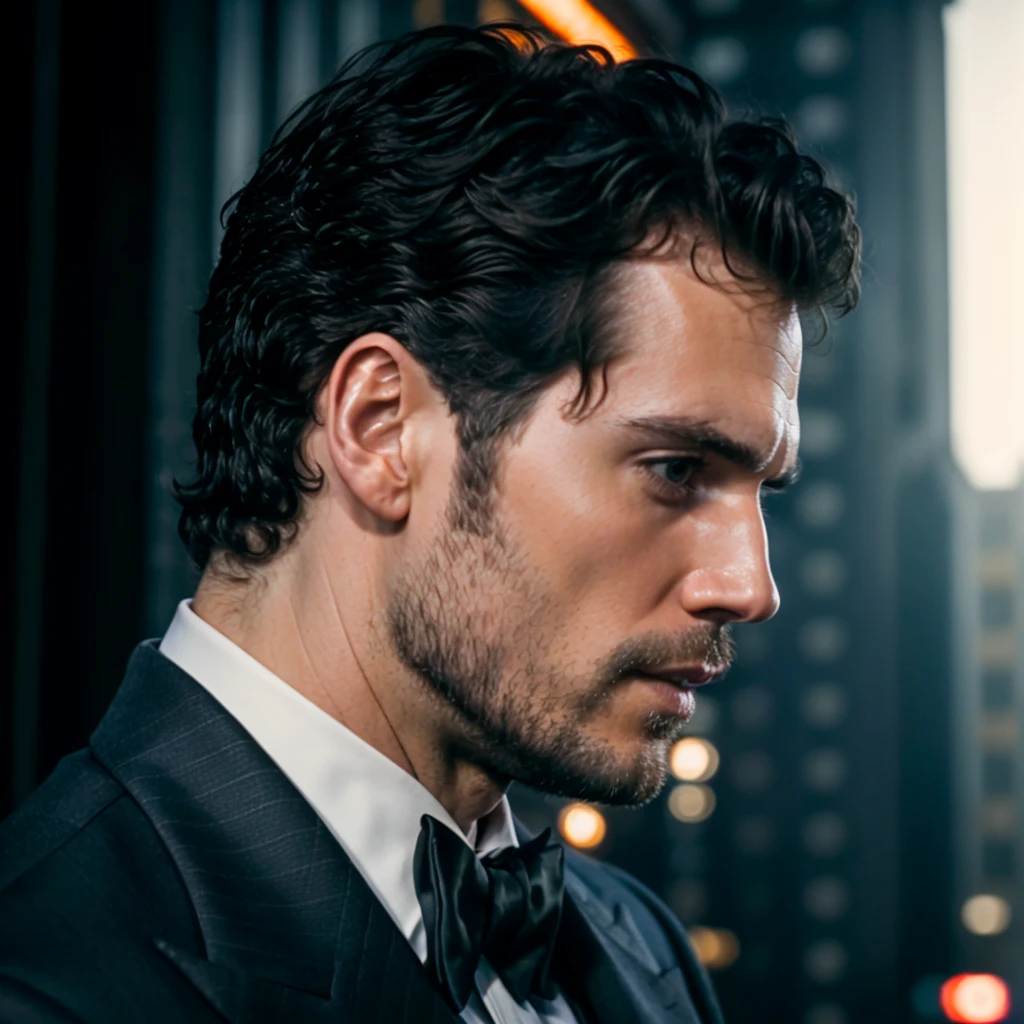 face portrait of henrycavill person using a tuxedo, in blade runner, professional photography, high resolution, 4k, detailed photo, <lora:henrycavill_112050:1>