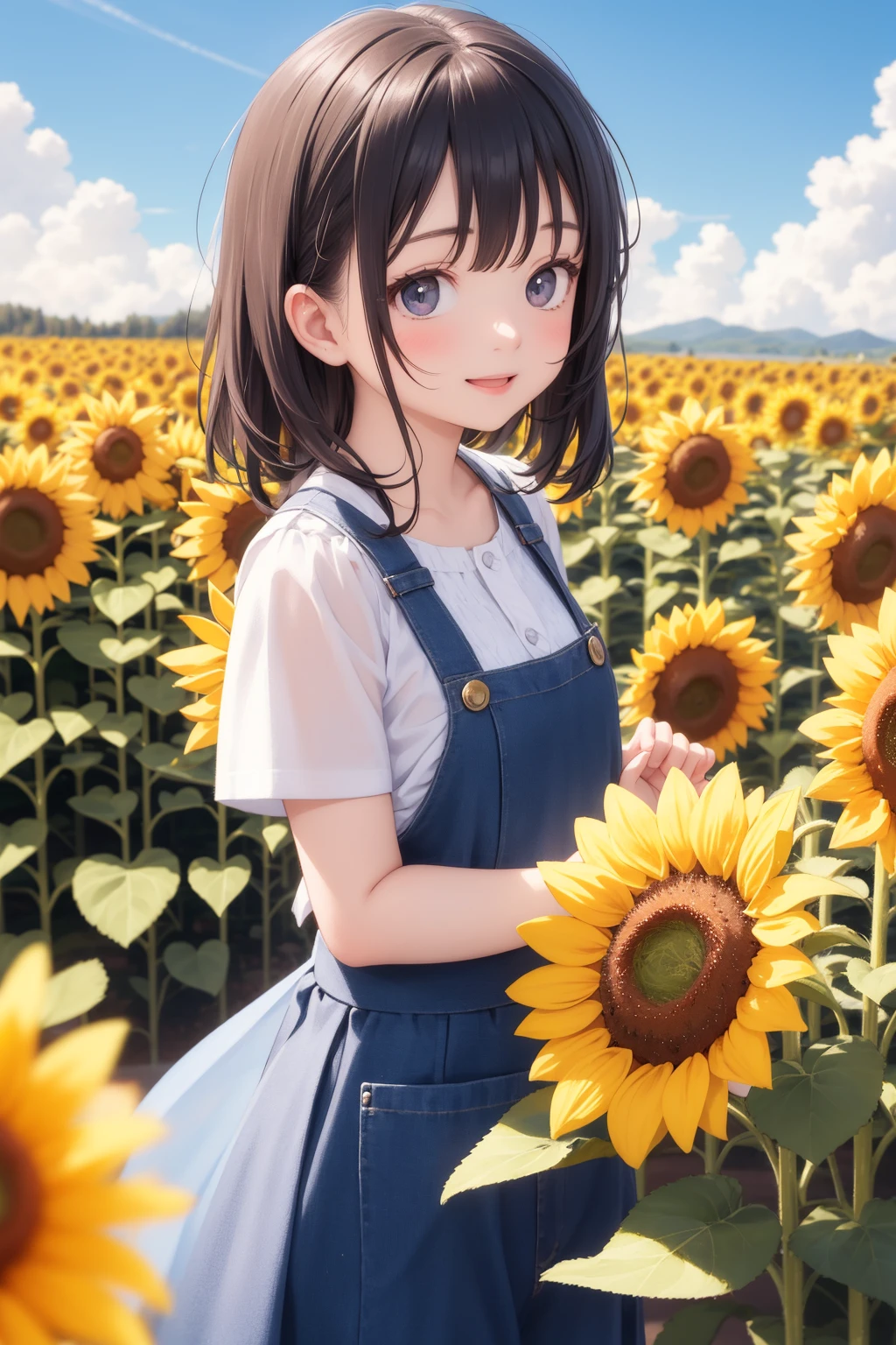 masterpiece, best quality, 1girl, looking at viewer, happy, blue sky, sunflower, gardener outfit