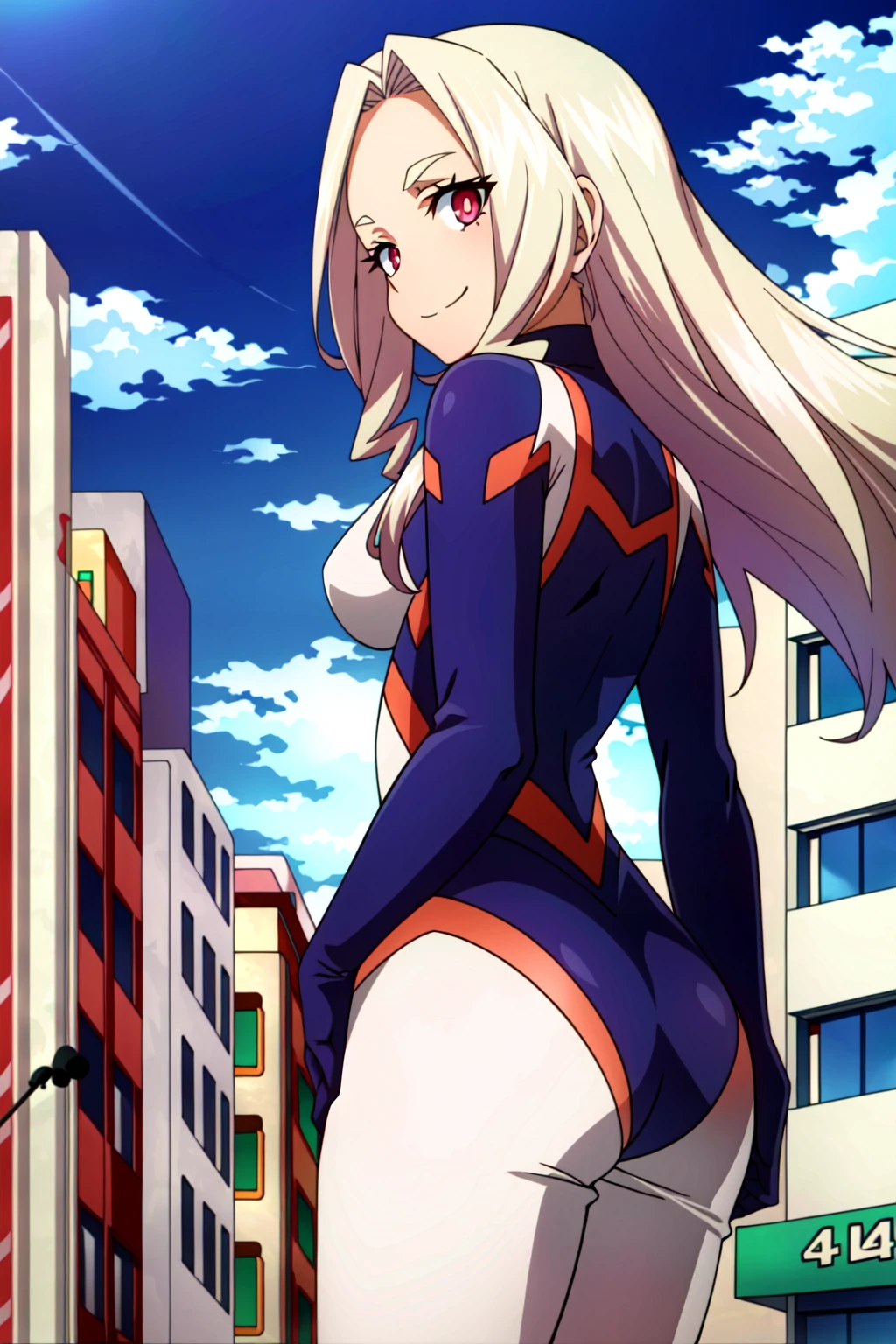 (extremely detailed CG unity 4k wallpaper),(masterpiece),(best quality),(ultra-detailed),(best illustration),(best shadow),(absurdres),(detailed background), <lora:OGT_MT_Lady-v1:0.8> Yu Takeyama, 1girl, giant, blonde hair, giantess, long hair, ass, solo, bodysuit, day, cloud, sky, smile, red eyes, drill hair, city, building, leaning, looking back at viewer