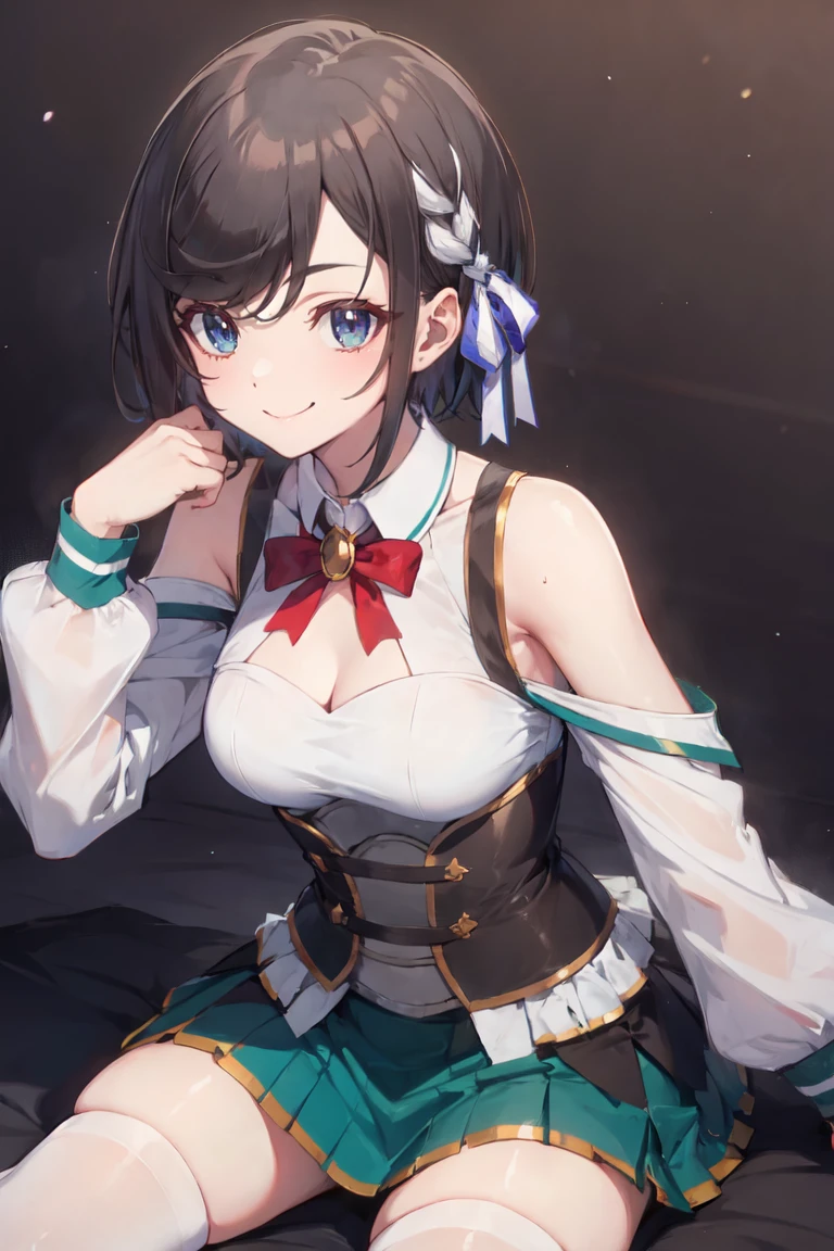 masterpiece, best quality, ultra-detailed, glistening shiny, glowing light, ray tracing, HDR, deph of field, (perfect face, detailed face), <lora:RafinhaBilford:0.8>, rafinha, short hair, small breasts, smile, white hair ribbon, white shirt, armpits, corset, green skirt, cleavage cutout, shoulder cutout, long sleeves, red bowtie, white thighhighs, sitting