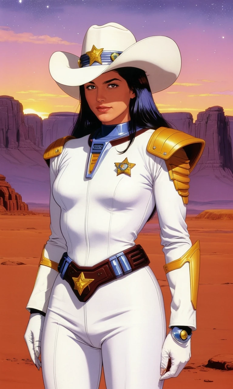 wsma1985, cartoon, vibrant colors, best quality, masterpiece, 1 man, cowboy, sci-fi western, cowboy hat,  desert, spaceship in background sheriff, cyborg, robotic arms, sunset, white costume, galaxy ranger