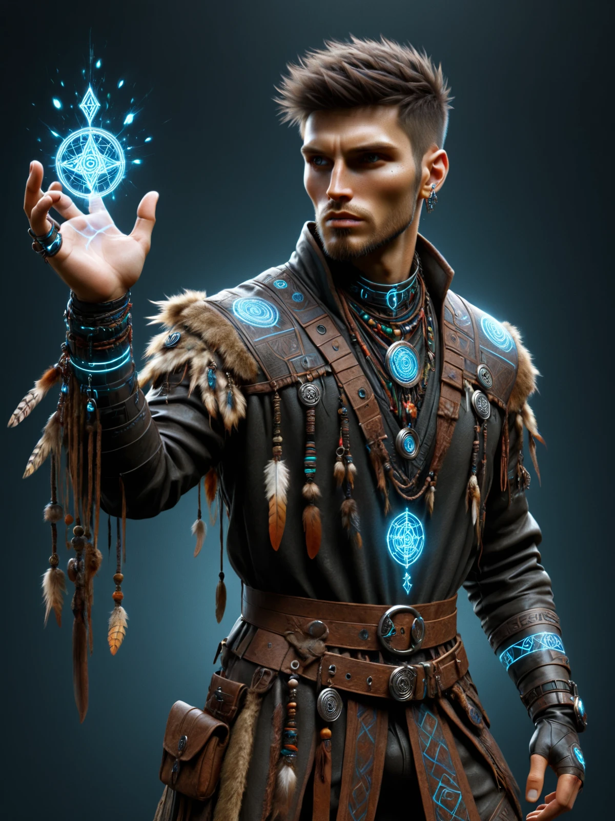 man, fantasy, cybershaman, runes, magic, dynamic pose <lora:Cyberpunk_Techno-Mages_SDXL:1>, (masterpiece:1.2), best quality