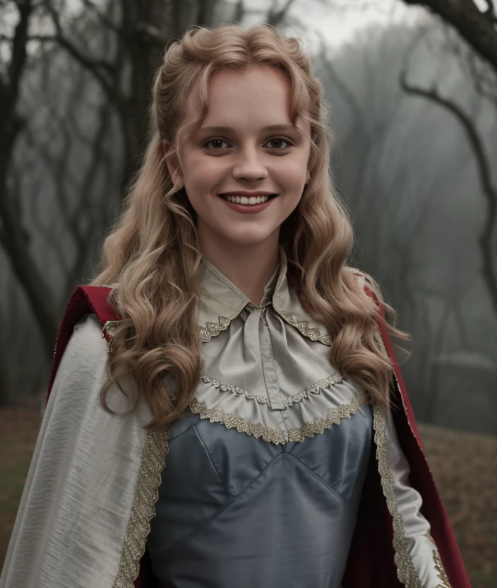 (portrait photo) of (blrs woman:1.0), (dressed as red riding hood), red top, (smiling), blushing, pale skin <lora:BrieLarsonDogu_blrs:1>