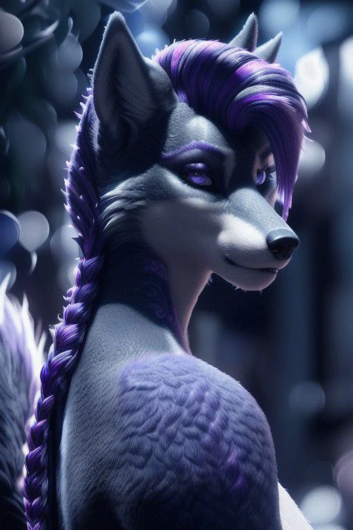 ASCIIFemale, (((anthro))), (((fluffy female wolf, dark blue with bright purple streaks, side cut hairstyle, intricate hair style)))detailed, ambient light, (detailed lighting), (ambient light on the body),(((sharp focus, masterpiece, 8k, 4k, raw photo, best quality, hi res, high resolution, high details, ultra realistic, absurd res, ray tracing))), (eyelashes), (tail),