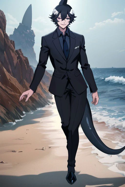 absurdres, perfect shadows and lighting, masterpiece, high quality, detailed, extremely detailed, ambient soft lighting, 4K, detailed sea   pier background, evil grin, standing on one leg, boy in black unbuttoned suit, unbuttoned jacket, necktie, detailed eyes, (Dorsal fin)1.2, (detailed eyes)1.3, skinny, (shark tail)1.7