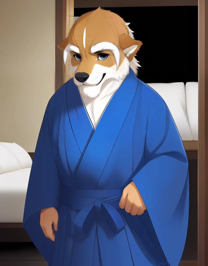 (((detailed eyes, detailed face))), (furry, iwao <lora:character_iwao_findigo_v1_2:0.9>, two-tone fur, white hair, facial hair, long eyebrows, dog boy, snout, old man), male, (solo), (plump:1.4), (blue kimono), standing, (arms behind back), smile BREAK (konzaburou, ukan_muri, cute), (bedroom), (flat shading, flat color, high brightness), 8k, UHD, masterpiece, (full body)