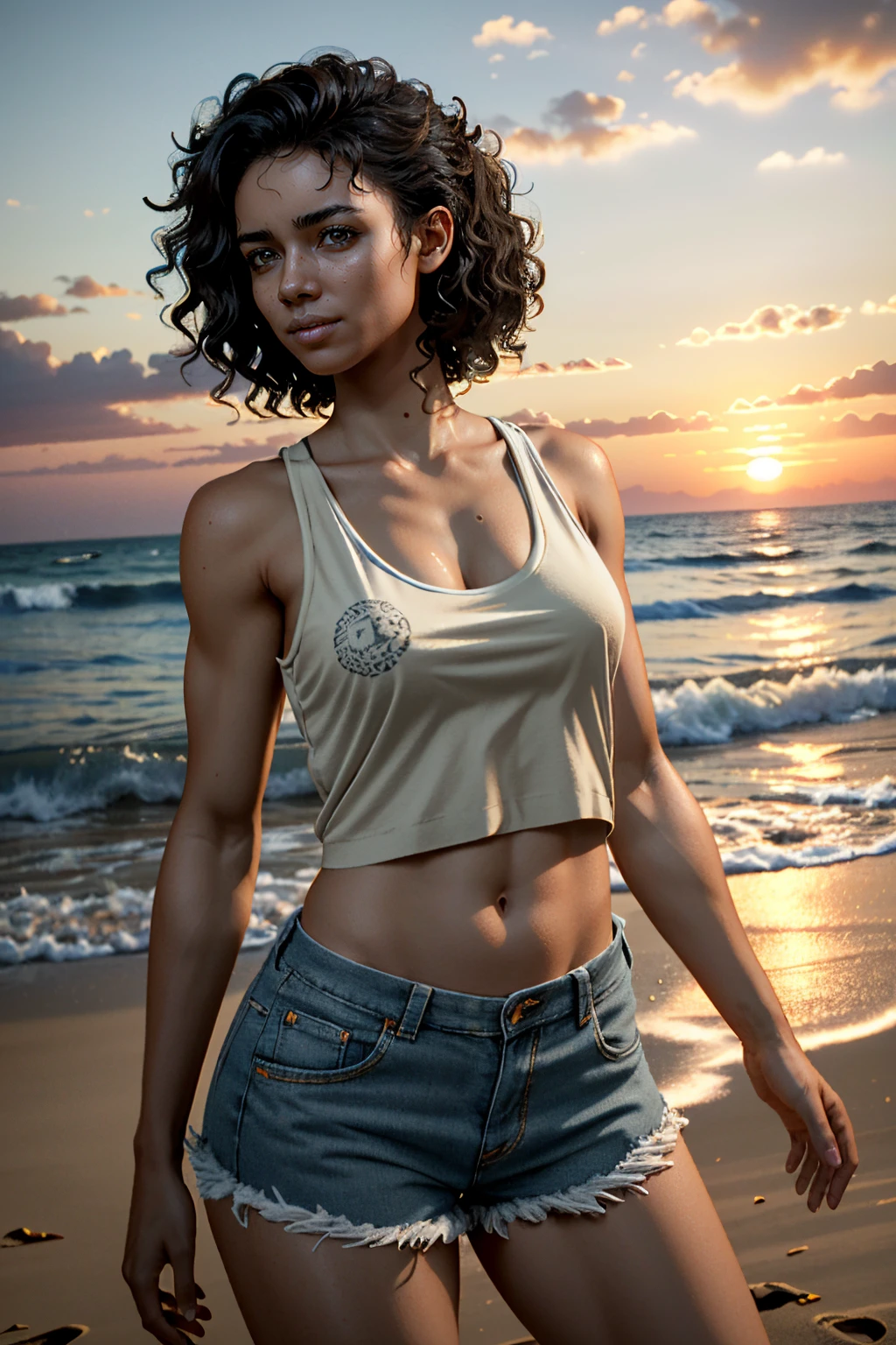 ((ultra detailed, masterpiece, absurdres))
<lora:UncNadine:0.9>
UncNadine, 1girl, solo, very dark skin, wavy hair, brown hair, brown eyes, Romantic beach at sunset, dynamic warm tones, detailed waves and sand textures , Bohemian print kimono, tank top, denim shorts, gladiator sandals