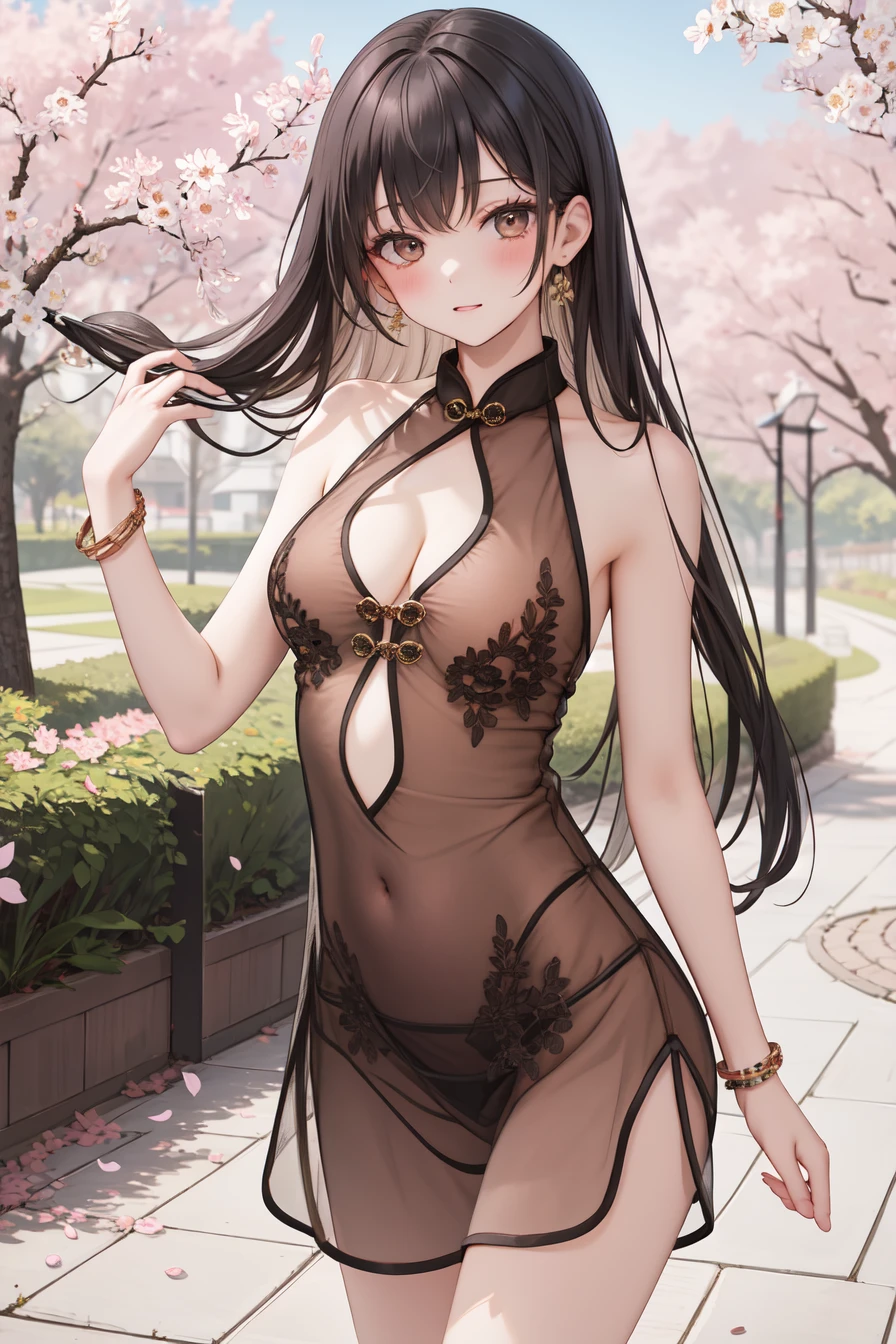 masterpiece,best quality,highres,ultra-detailed,(facing_viewer:1.1),cowboy_shot,solo,1girl,medium_breasts,straight_long_hair,standing,outdoors,garden,cherry blossom trees,<lora:Transparent_Cheongsam:1>,Transparent_Cheongsam,clothing cutout,(see-through:1.2),