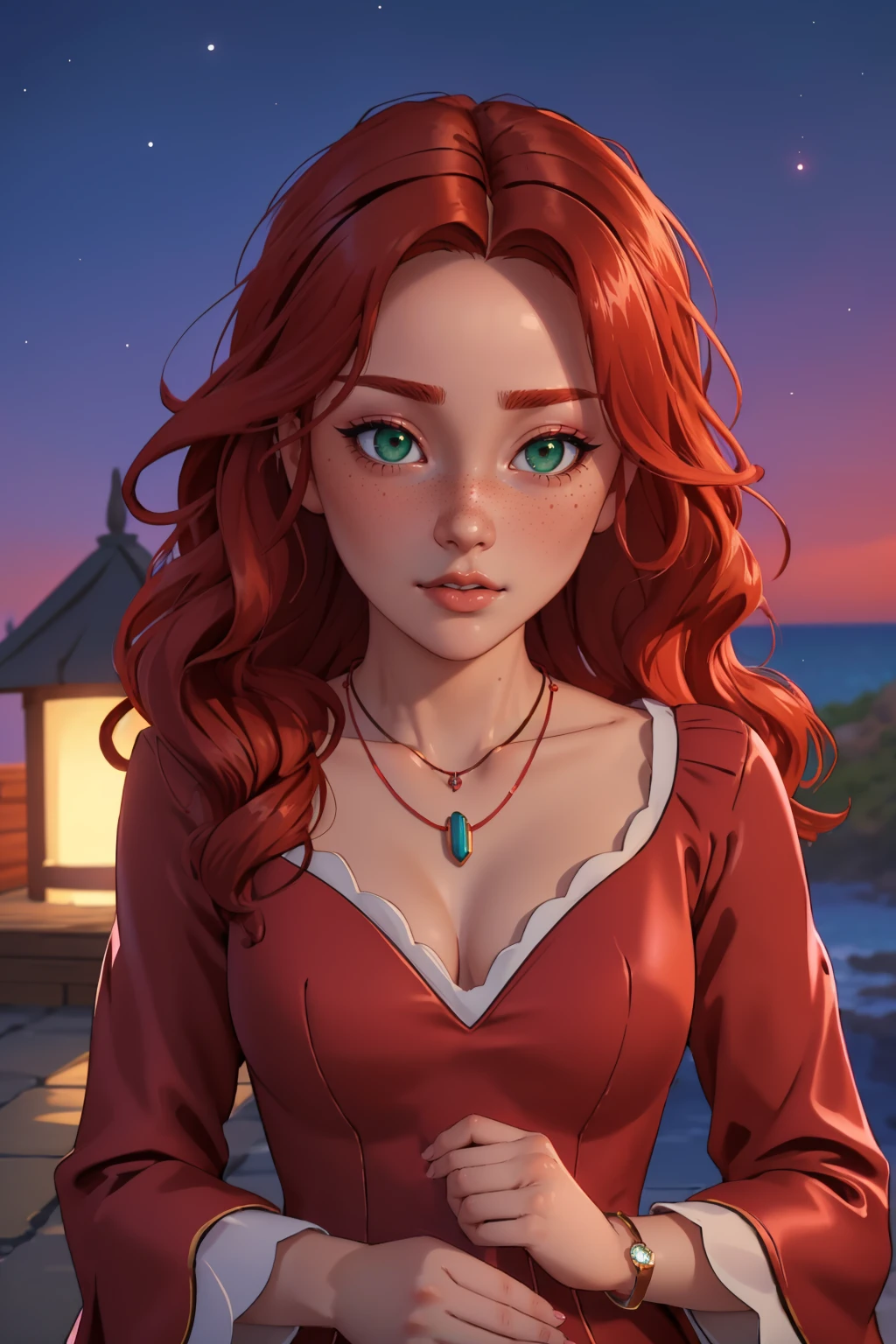ultra detailed, sharp focus, best quality, masterpiece, colorful, <lora:NSGingerPortia:0.7> NSGingerPortia, 1girl, red gown, evening, POV, looking at the viewer, kiss, night, romantic, outdoors, close-up, jewelry, necklace, green eyes, freckles