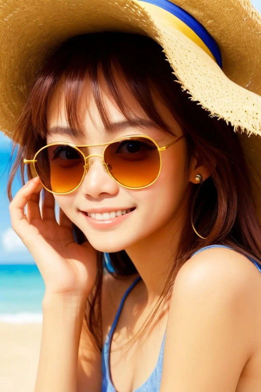 face of cute Filipina woman on beach, detailed face, sunglasses,(Pinays:1.2)