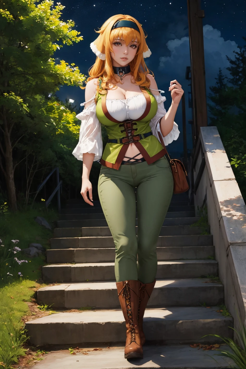 masterpiece, best quality, purplehair, pointy ears, female dwarf, collar, off-shoulder shirt, cleavage, green vest, green pants, large breasts, walking, stairs, forest, night sky, boots