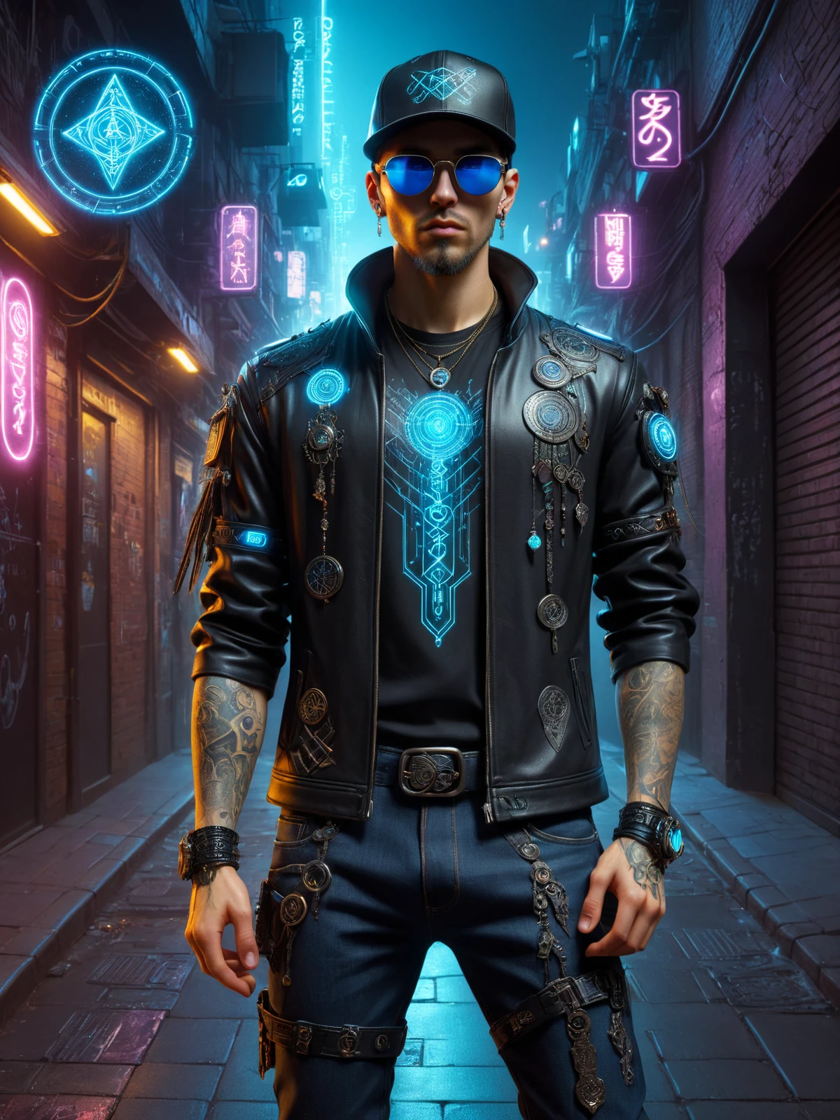 man, cyberpunk, streetmage, tshirt with ornaments, jeans, flatcap with runes, magic sunglasses, hologram, neon light, cyberpunk alley at night <lora:Cyberpunk_Techno-Mages_SDXL:0.8>, (masterpiece:1.2), best quality