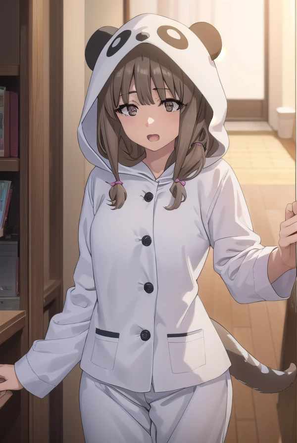 kaedeazusagawa, <lora:kaede azusagawa s1-lora-nochekaiser:1>,
kaede azusagawa, long hair, bangs, brown hair, (brown eyes:1.5), smile, open mouth,
BREAK animal ears, tail, hood, pajamas, animal hood, animal costume, panda ears,
BREAK indoors,
BREAK looking at viewer, (cowboy shot:1.5),
BREAK <lyco:GoodHands-beta2:1>, (masterpiece:1.2), best quality, high resolution, unity 8k wallpaper, (illustration:0.8), (beautiful detailed eyes:1.6), extremely detailed face, perfect lighting, extremely detailed CG, (perfect hands, perfect anatomy),