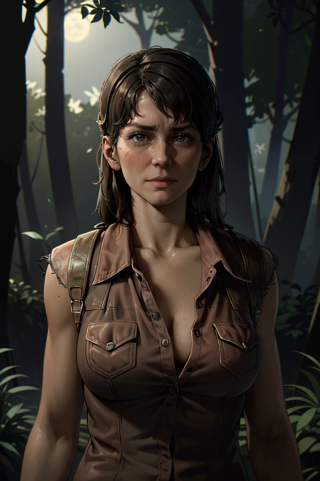 ((ultra detailed, masterpiece, absurdres))
<lora:TLOUTess:0.9>
TLOUTess, 1girl, brown hair, long hair, in front of Dark forest with moonlight filtering through trees, dynamic lighting, mysterious woodland