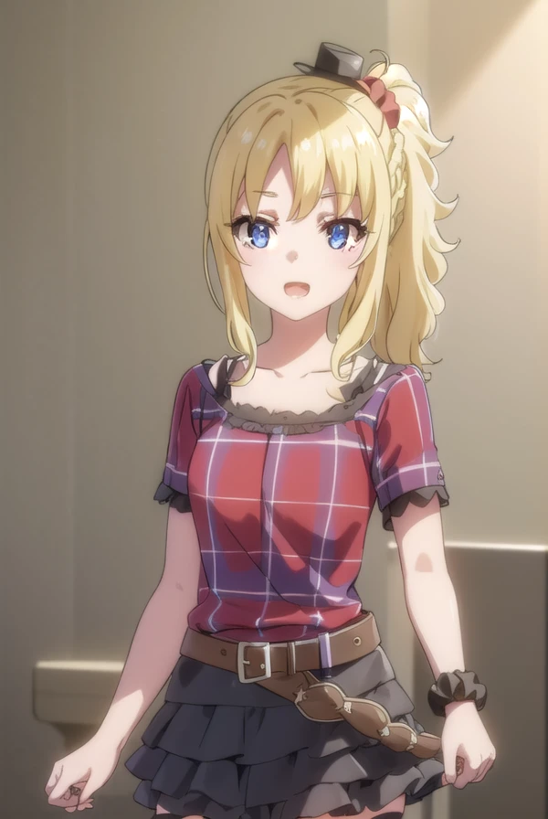 nodokatoyohama, <lora:nodoka toyohama s1-lora-nochekaiser:1>,
nodoka toyohama, bangs, blue eyes, blonde hair, hair ornament, sidelocks, side ponytail, scrunchie, hair scrunchie, blue scrunchie, braid, smile, open mouth,
BREAK skirt, shirt, thighhighs, hat, jewelry, belt, black thighhighs, bracelet, garter straps, mini hat, top hat, layered skirt, idol, mini top hat, (red shirt:1.2), collarbone,
BREAK indoors, concert,
BREAK looking at viewer, (cowboy shot:1.5),
BREAK <lyco:GoodHands-beta2:1>, (masterpiece:1.2), best quality, high resolution, unity 8k wallpaper, (illustration:0.8), (beautiful detailed eyes:1.6), extremely detailed face, perfect lighting, extremely detailed CG, (perfect hands, perfect anatomy),