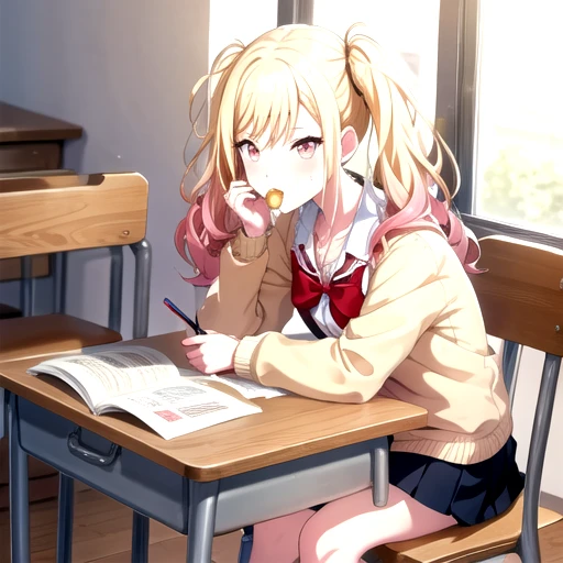 <lora:TenmaSaki-05:0.7>, tenmasaki, skirt, long sleeves, bow, holding, twintails, sitting, school uniform, sidelocks, pleated skirt, food, serafuku, bowtie, sailor collar, red bow, blue skirt, chair, mouth hold, cardigan, red bowtie, desk, drinking straw, school desk, food in mouth, bread, juice box, yellow cardigan, milk carton, melon bread