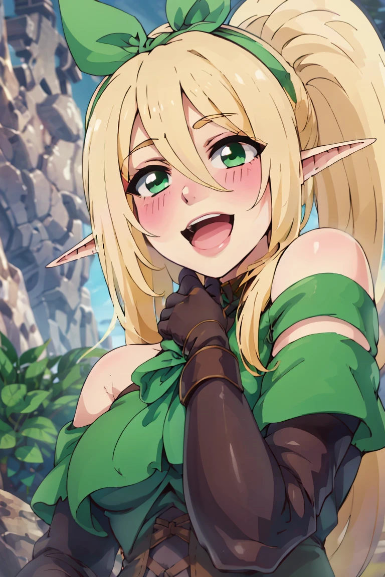 anime sjyle, green dress,cape,skirt,Green_outfit,cleavage, cleavage cutout, clothing cutout, elf,gem,chain,choker,blonde hair,blue eyes,bangs,very long hair, (hair between eyes:1.3),shiny skin,blunt bangs,green hairband, green ribbon, best quality, high resolution, 1girl, (huge breasts:1.2), A smile, blush, closed mouth