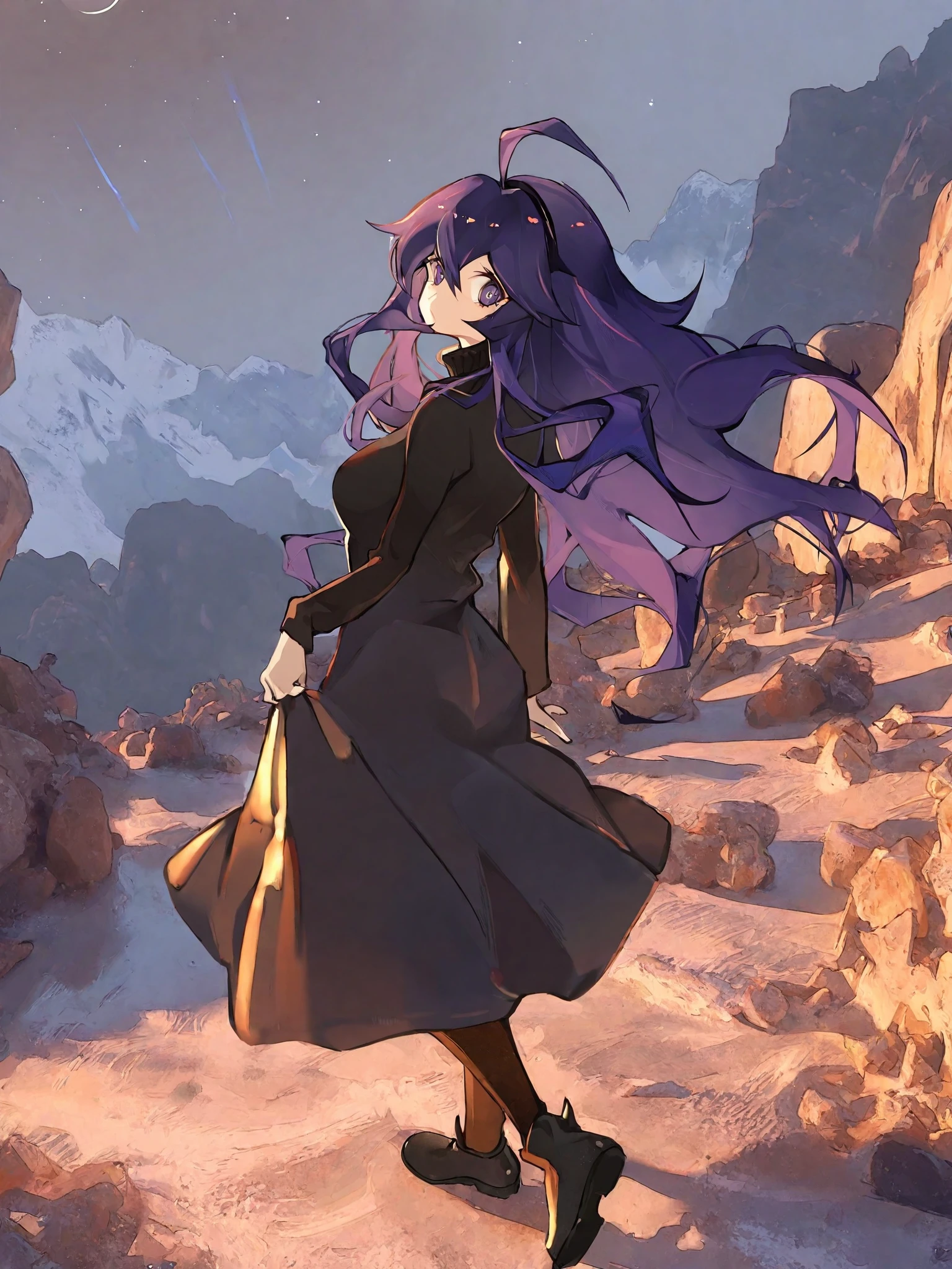 masterpiece, aesthetic, ,, by caaaaarrot, 1girl, <lora:hex_maniac:1>, HEX_MANIAC, HEX_MANIAC_COSTUME, purple hair, long hair, ahoge, purple eyes, breast, black dress, sweater, Otherworldly landscape,Exoplanet scenery