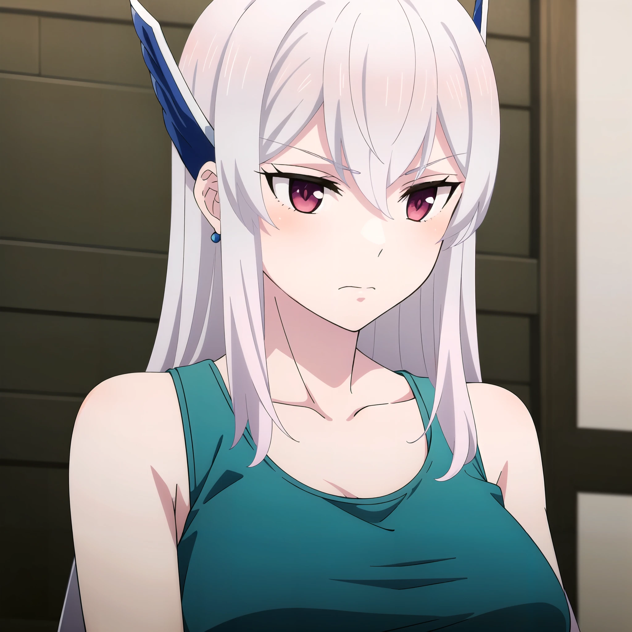 <lora:kyouka:0.75> kyouka, 1girl, solo, breasts, bangs, large breasts, shirt, hair ornament, jewelry, closed mouth, collarbone, upper body, white hair, earrings, indoors, tank top, meme, green shirt