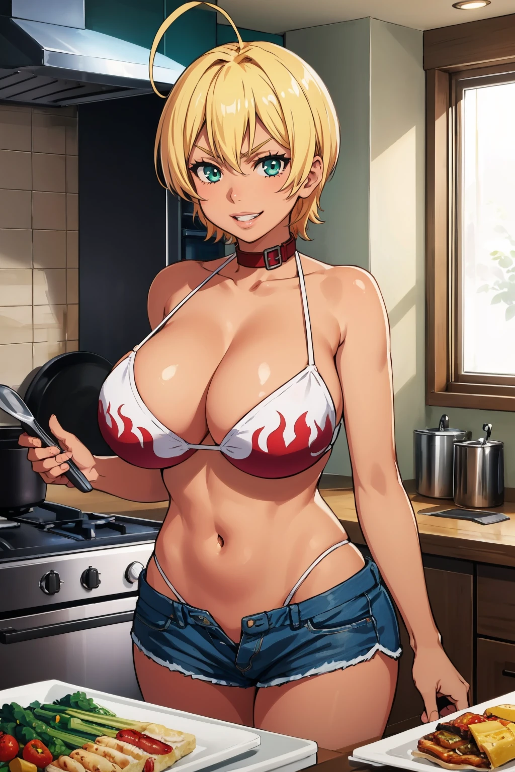 masterpiece, best quality, <lora:ikumimito-nvwls-v1-000010:0.9> mito ikumi, dark skin, collar, red and white bikini, denim shorts, huge breasts, standing, kitchen, cooking, grin, furrowed brow, looking at viewer, green eyes