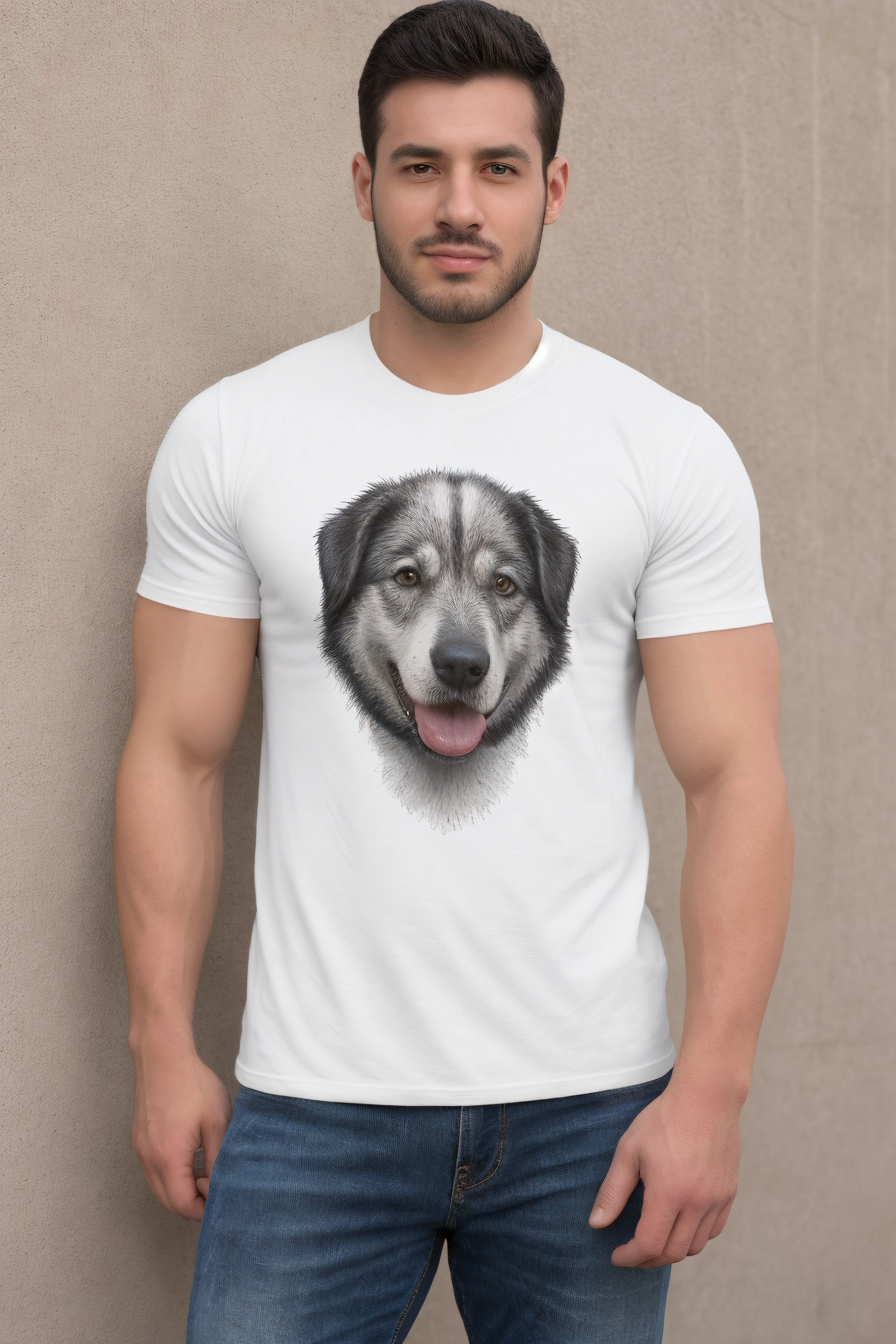 1male, face, realistic, ultra quality, highly detailed, ultra HD realistic, ultra quality, highly detailed, ultra HD, <lora:T-shirtsMale:0.6>, (t-shirt white), dog print,