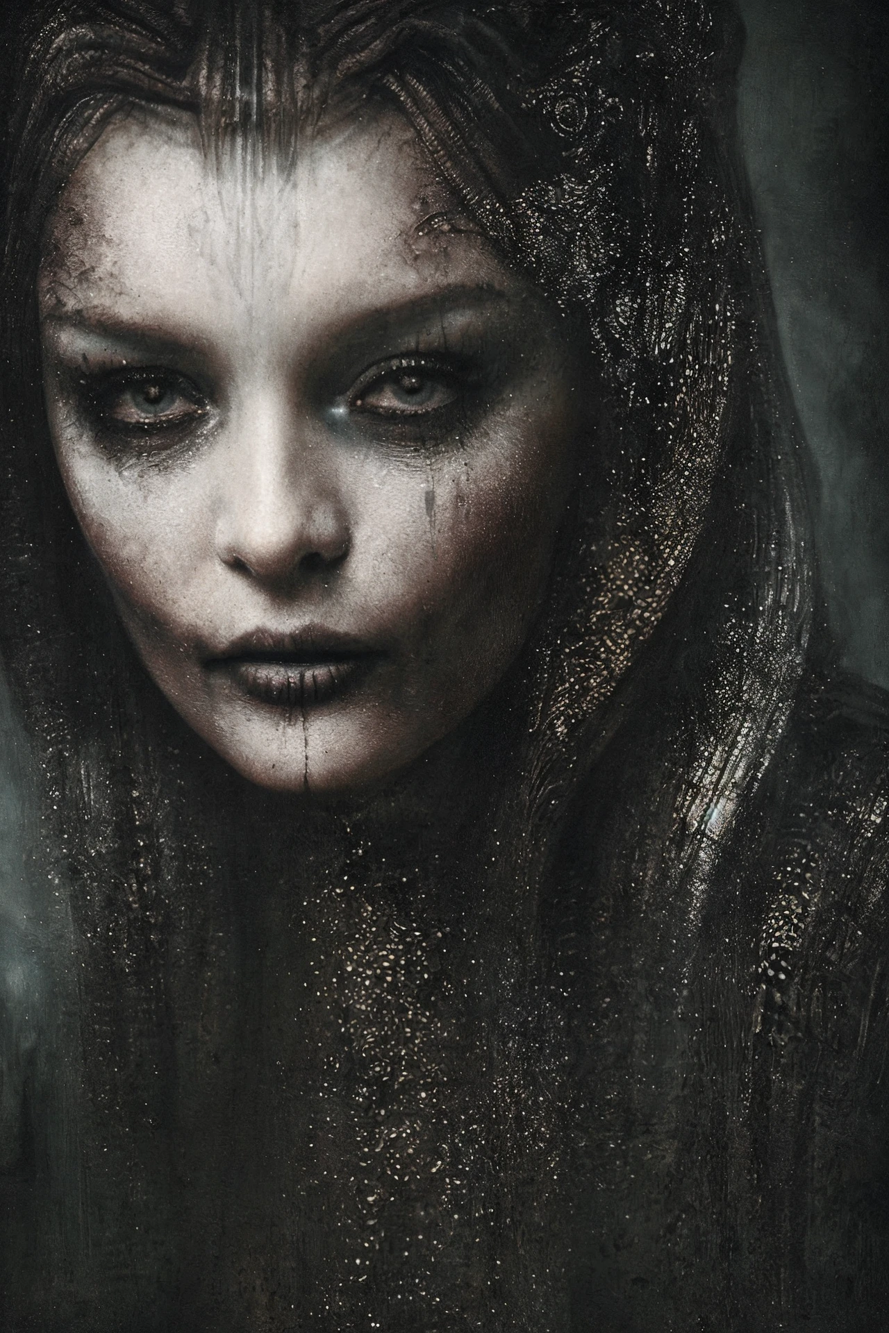 (dark theme:0.9), beauty woman, darkstyle  <lora:H.R.Giger_ArtStyle_640x960:0.85> <lora:Jaime_King_640x960:0.85>, (hdr:1.22), muted colors, complex background, hyperrealism, hyperdetailed, amandine van ray, slate atmosphere, cinematic, dimmed colors, dark shot, muted colors, film grainy, lut, spooky