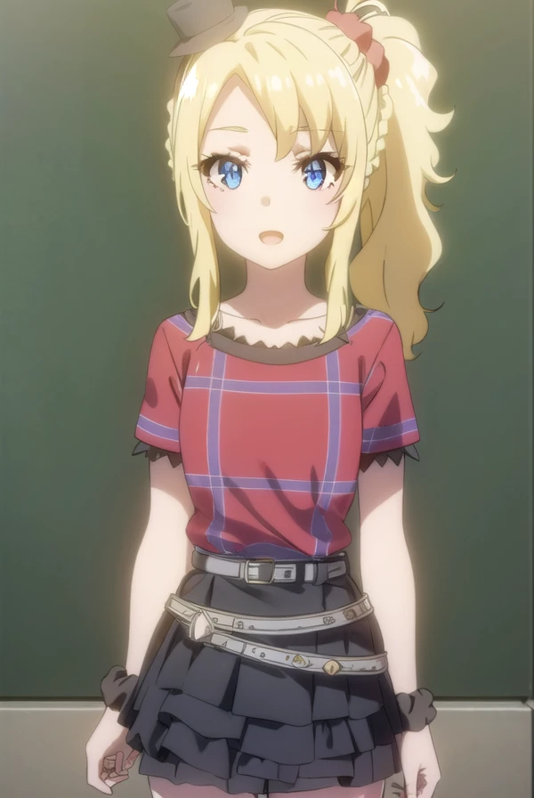 nodokatoyohama, <lora:nodoka toyohama s1-lora-nochekaiser:1>, 
nodoka toyohama, bangs, blue eyes, blonde hair, hair ornament, sidelocks, side ponytail, scrunchie, hair scrunchie, blue scrunchie, braid, smile, open mouth,
BREAK skirt, shirt, thighhighs, hat, jewelry, belt, black thighhighs, bracelet, garter straps, mini hat, top hat, layered skirt, idol, mini top hat, (red shirt:1.2), collarbone,
BREAK indoors, concert,
BREAK looking at viewer, (cowboy shot:1.5),
BREAK <lyco:GoodHands-beta2:1>, (masterpiece:1.2), best quality, high resolution, unity 8k wallpaper, (illustration:0.8), (beautiful detailed eyes:1.6), extremely detailed face, perfect lighting, extremely detailed CG, (perfect hands, perfect anatomy),