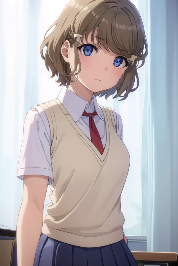 tomoekoga, <lora:tomoe koga s1-lora-nochekaiser:1>,
tomoe koga, short hair, brown hair, blue eyes, hair clip,
BREAK skirt, shirt, school uniform, white shirt, short sleeves, pleated skirt, necktie, collared shirt, red necktie, sweater vest,
BREAK indoors, classroom,
BREAK looking at viewer, (cowboy shot:1.5),
BREAK <lyco:GoodHands-beta2:1>, (masterpiece:1.2), best quality, high resolution, unity 8k wallpaper, (illustration:0.8), (beautiful detailed eyes:1.6), extremely detailed face, perfect lighting, extremely detailed CG, (perfect hands, perfect anatomy),