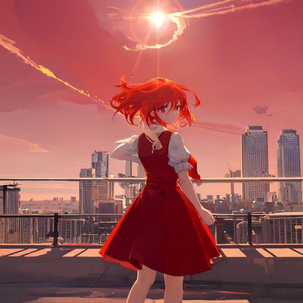 <lora:Skyline_1.0:0.5> 1girl, standing, red dress, Roof_Skyline, sky, lense flare