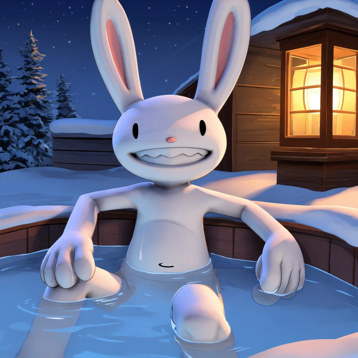 (masterpiece, high quality, best quality:1.2),
max /(sam and max/), solo,wooden hot tub, sitting in water, relaxing, partially submerged, steamy, outside, night, snow, warm lighting, lantern, steam
<lora:max-fluffyrock:1>