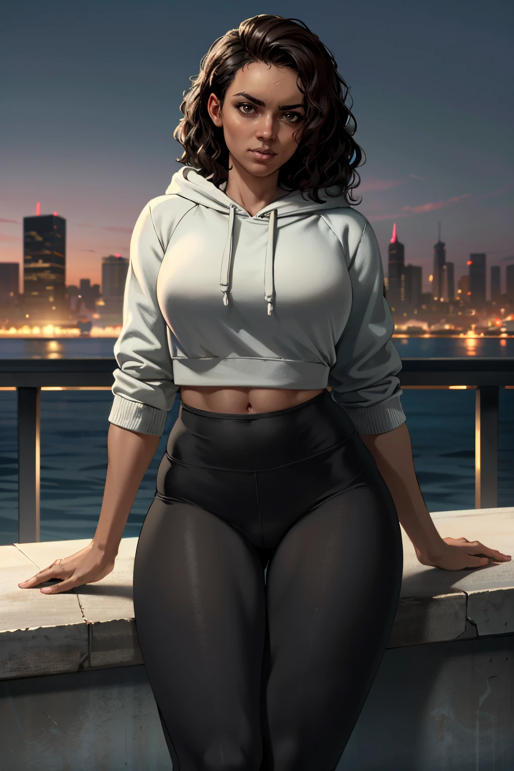 ((ultra detailed, masterpiece, absurdres))
<lora:UncNadine:0.9>
UncNadine, 1girl, solo, very dark skin, wavy hair, brown hair, brown eyes, Upscale penthouse terrace, dynamic city lights, detailed modern outdoor furniture , Athleisure set (hoodie and leggings), chunky sneakers