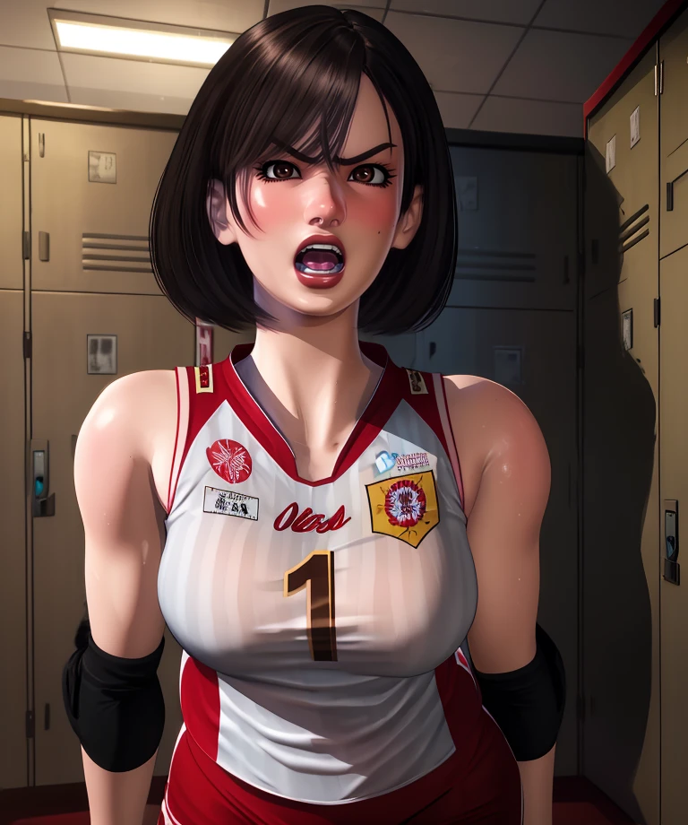 Maika,black hair,brown eyes,short hair,serious, open mouth,  teeth, 
volleyball uniform, 
locker room,dim lighting,
(insanely detailed, beautiful detailed face, masterpiece, best quality),solo,<lora:Maika:0.8>,