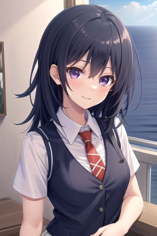 ((masterpiece)),(best quality),official art,extremely detailed CG,unity 8k wallpaper,ultra detailed,beautiful detailed eyes,extremely detailed face,A lighthouse on a cliff by the sea,1girl,solo,upper body,(portrait:1.5),looking at viewer,facing viewer,smile,long hair,black hair,hair between eyes,bangs,purple eyes,school uniform,blue vest,collared vest,red necktie,collared shirt,white shirt,puffy short sleeves,medium breasts,miniskirt,white skirt,pleated skirt,frills,white socks,loafers,<lora:Kozeki Momoko(rk):0.8>,