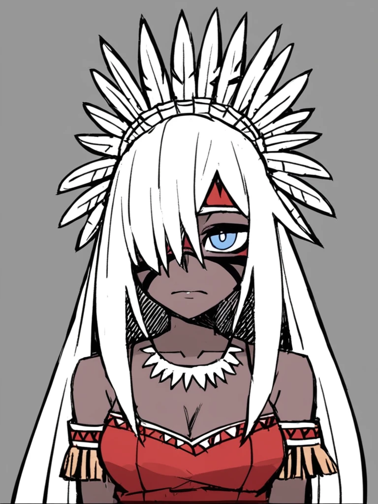 <lora:xl_Helltaker2:1>,Helltaker style,1girl, solo, native american, long hair, white hair, blue eyes, feathers, headdress, dark skin, dark-skinned female, upper body, facepaint, very long hair, fringe trim, hair over one eye, hair between eyes, traditional clothes, simple background, feather hair ornament, facial mark, masterpiece, best quality,