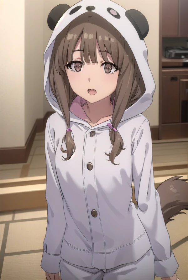 kaedeazusagawa, <lora:kaede azusagawa s1-lora-nochekaiser:1>,
kaede azusagawa, long hair, bangs, brown hair, (brown eyes:1.5), smile, open mouth,
BREAK animal ears, tail, hood, pajamas, animal hood, animal costume, panda ears,
BREAK indoors,
BREAK looking at viewer, (cowboy shot:1.5),
BREAK <lyco:GoodHands-beta2:1>, (masterpiece:1.2), best quality, high resolution, unity 8k wallpaper, (illustration:0.8), (beautiful detailed eyes:1.6), extremely detailed face, perfect lighting, extremely detailed CG, (perfect hands, perfect anatomy),