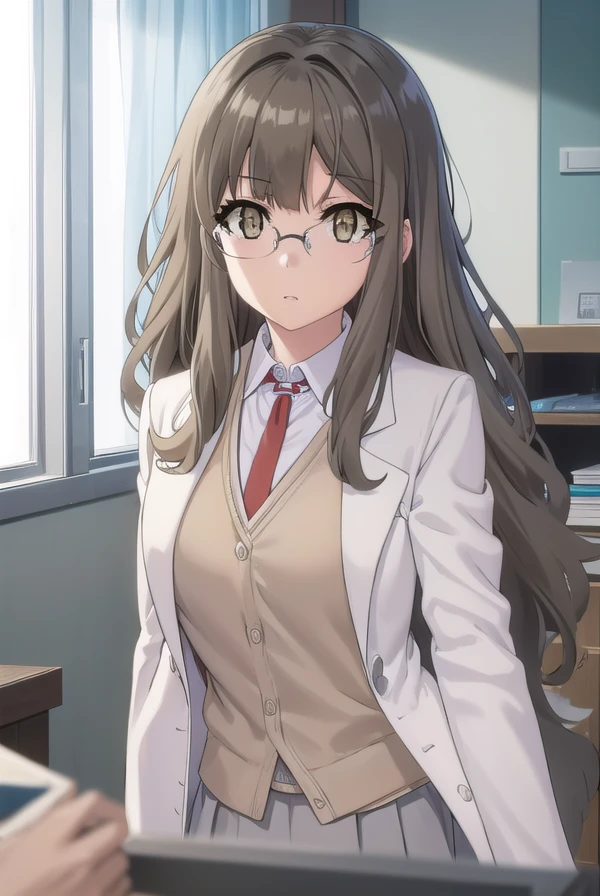 riofutaba, <lora:rio futaba s1-lora-nochekaiser:1>,
rio futaba, long hair, brown hair, (brown eyes:1.5), glasses,
BREAK skirt, shirt, school uniform, white shirt, pleated skirt, glasses, collared shirt, black skirt, vest, red necktie, labcoat, (white labcoat:1.2), brown vest,
BREAK indoors, classroom,
BREAK looking at viewer, (cowboy shot:1.5),
BREAK <lyco:GoodHands-beta2:1>, (masterpiece:1.2), best quality, high resolution, unity 8k wallpaper, (illustration:0.8), (beautiful detailed eyes:1.6), extremely detailed face, perfect lighting, extremely detailed CG, (perfect hands, perfect anatomy),