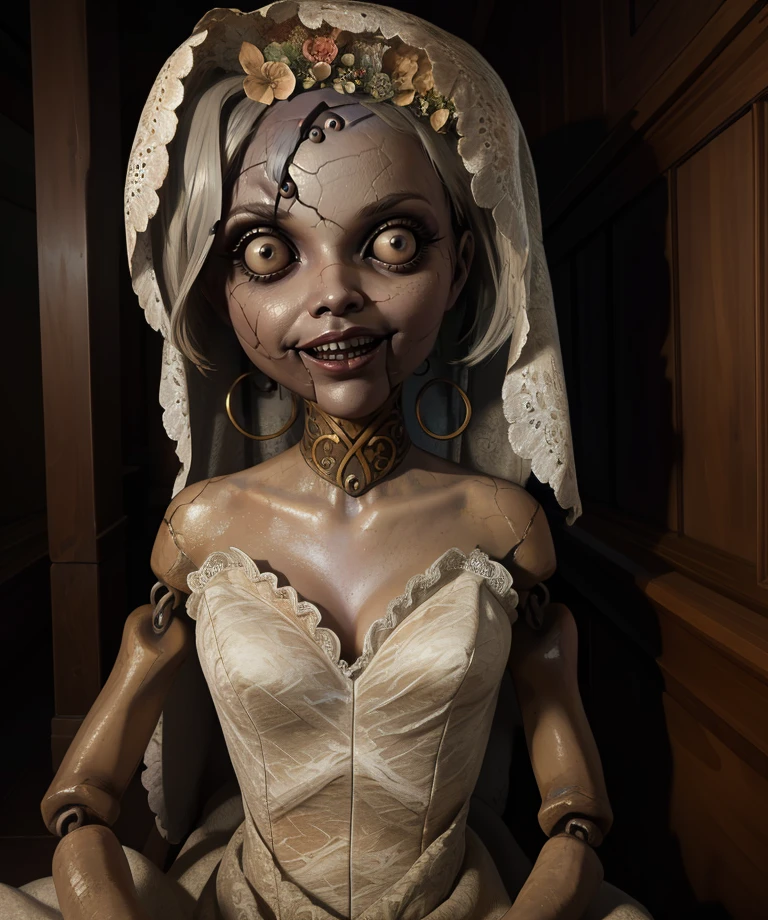 angie,black pupils,grey hair,short hair,doll joints,wide-eyed,doll,
wedding dress,bridal veil,cleavage,sleeveless,cracked skin, smile,
sitting,on floor,upper body,
mansion,dim lighting,
(insanely detailed, beautiful detailed face, masterpiece, best quality),<lora:angie:0.9>,