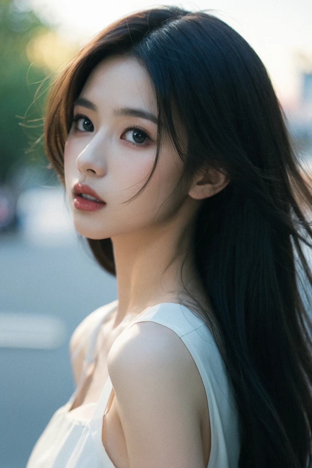 1girl,solo,long hair,realistic,lips,parted lips,upper body,blurry background,floating petals,jitome,cute,short hair