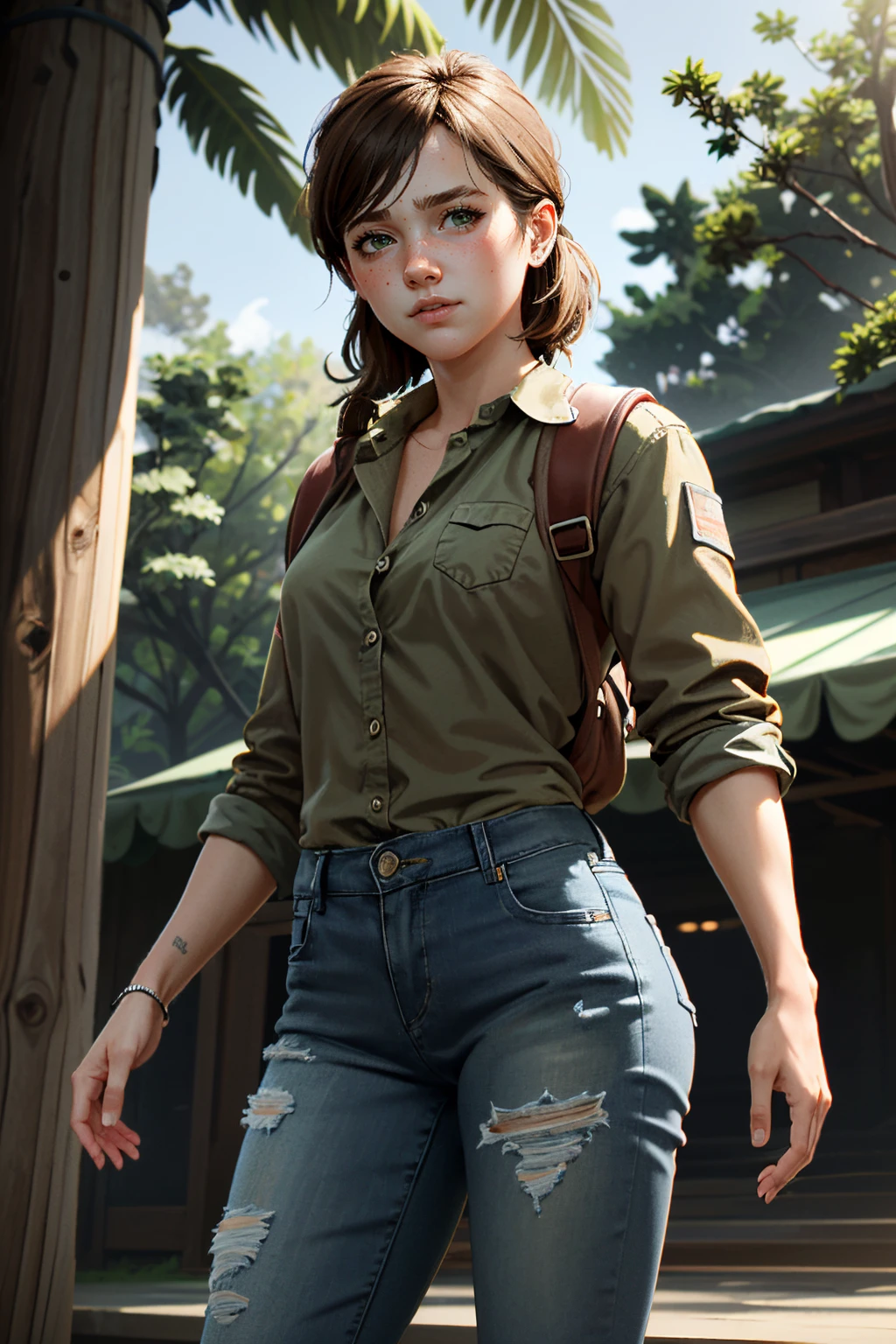((ultra detailed, masterpiece, absurdres))
<lora:TLOU2Ellie:0.8>
TLOU2Ellie, 1girl, solo, long hair, brown hair, green eyes, cowboy shot, in front of Aerial view of tropical islands, vibrant coral formations, dynamic sunlight , Lace bodysuit, high-waisted jeans, lace-up heels
